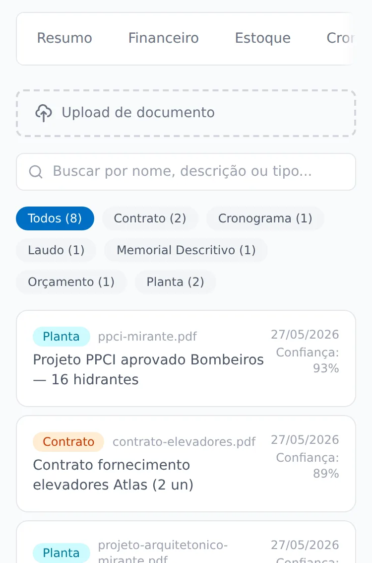 Aba Documentos do dashboard, com os arquivos da obra classificados por tipo