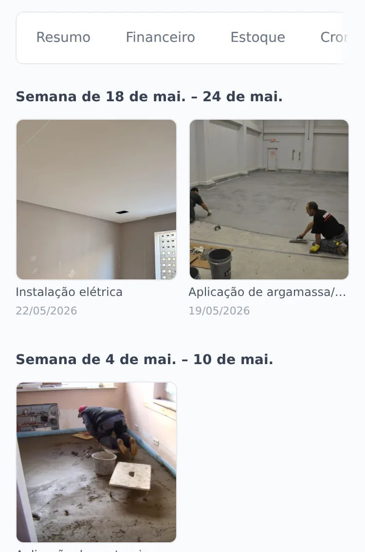 Aba Fotos do dashboard, com a galeria da obra agrupada por semana